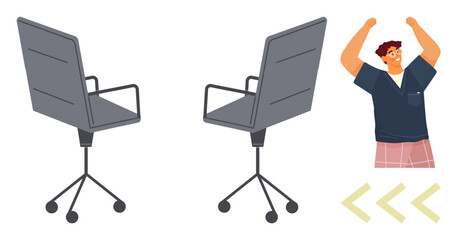 Two modern office chairs with wheels and a person raising arms in excitement. Ideal for teamwork, success, achievement, motivation, workplace dynamics, productivity, celebration. Simple flat metaphor