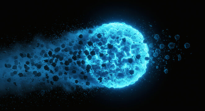 Abstract glowing blue sphere exploding into particles, dynamic motion and energy burst on black background