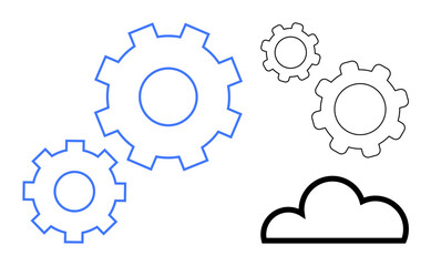 Interconnected gears and cloud element symbolizing technology integration, automation, and innovation. Ideal for cloud computing, teamwork, data management, process optimization, digital