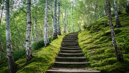 Obraz premium serene steps ascend a mossy hillside surrounded by birch trees