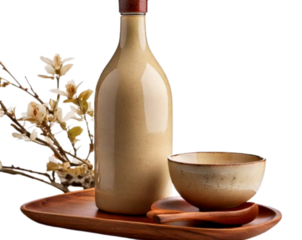  Traditional Japanese Rice Wine Bottle with Matching Ceramic Cup and Bowl Isolated PNG