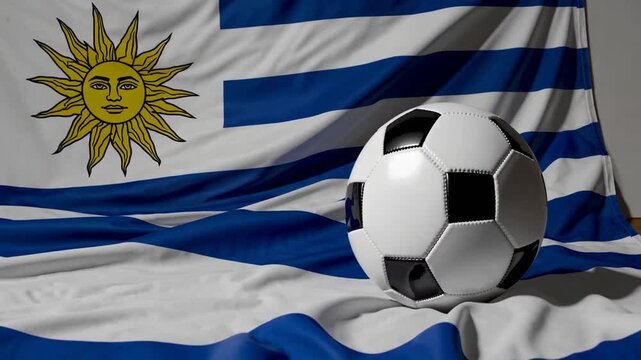 spherical football positioned upon the national flag representing the country of Uruguay in horizontal composition