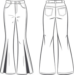 Flares high-waisted jeans with five pockets and seams fashion technical drawing flat sketch vector illustration for Adobe Stock
