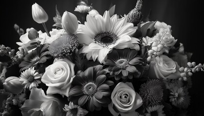 a bouquet of mixed flowers in black and white photography
