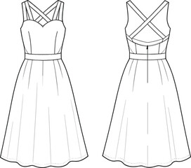 Midi dress with crisscross straps and sweetheart neckline fashion technical drawing flat sketch vector illustration for Adobe Stock