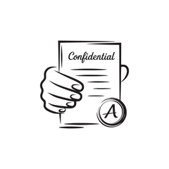 A hand holding a confidential document with an a grade in a black and white illustration style