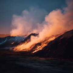 Fototapeta premium Powerful, photorealistic shot of a large compost pile smoldering, with small flames and thick white smoke rising against the warm light of the setting sun, a natural process.