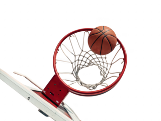 Basketball is in the net of a basketball hoop. 3d isolated illustration on transparent background