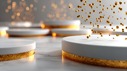 Gold - Foil Decorated Round Display Podiums, Floating Gold Particles & Soft Light for Luxury Display, High - end Launch
