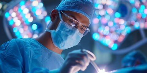 Surgeon performing a delicate operation in a modern operating room during a nighttime procedure