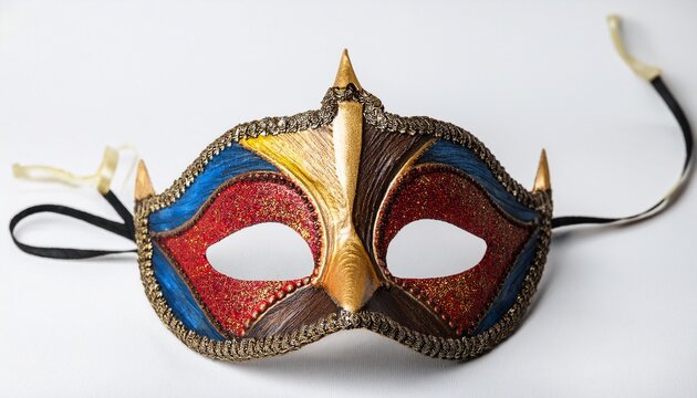 dark brown textured mask with red yellow and blue stripe and nail crown on white