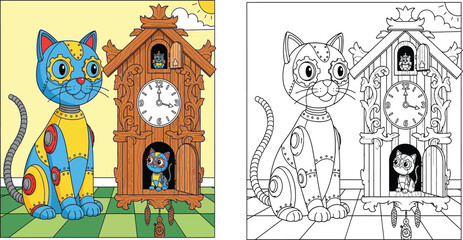 Steampunk Robot Cat and Cuckoo Clock with Kitten - Unique Coloring Page Illustration