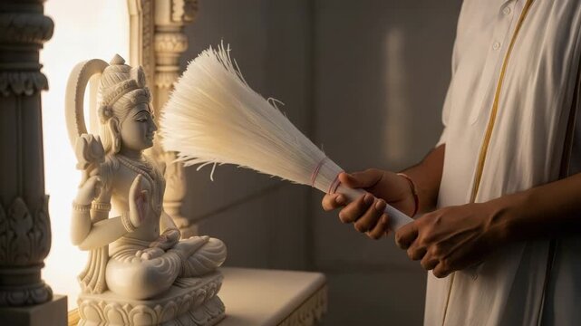 Varaha Jayanti  Hartalika Teej  Ganesh Chaturthi  Samvatsari Balarama Jayanti A Person Performing Puja Ritual with a White Brush before Marble Deity Statues