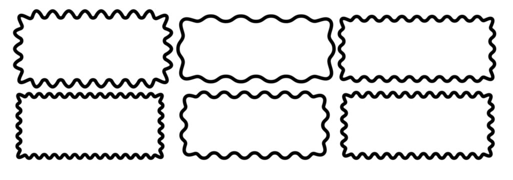 Minimalist black and white wavy rectangular frames set. Curved edge vector tags, labels, stamps, coupons. Isolated flat design elements for graphic design and branding