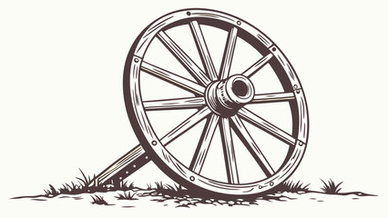 Fototapeta premium Vintage Wooden Wheel on the Ground Rustic Design Element Retro Illustration Spoke Wheel Farm Western Old Wheel Carriage Wheel Wagon Wheel Transportation History Graphic Design Vector Illustration.