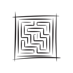 A stylized square maze with thick black lines forming the labyrinth and outer border design element