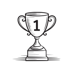 A simple drawing of a trophy with the number one on it in black and white with a white background