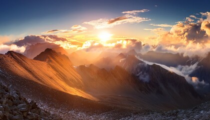 mountain landscape with clouds and sun generative ai illustration