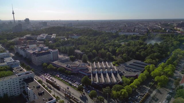Sez Berlin city, Public Park Friedrichshain. Majestic aerial view flight drone