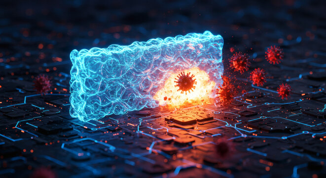 Digital Firewall Protecting Against Viruses, Computer Security Defense - Powered by Adobe