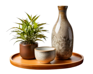 Traditional Japanese Sake Set with Tray and Plant Accent PNG