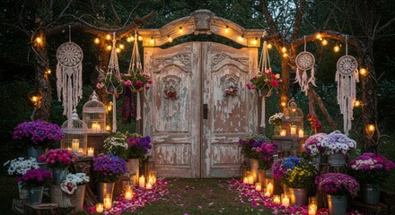 Bohemian Wedding Entrance with Flowers and Lights