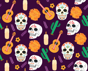 Dia de los Muertos seamless pattern with skull, flowers, candles. Day of the Dead vector illustration for textile, wallpaper, wrapping.