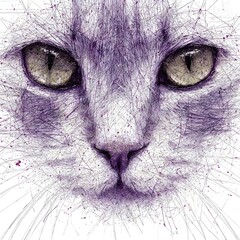Whimsical Cat Portrait: Intricate Feline Art with Expressive Eyes in Purple Hues - Unique Pet Lover Gift
