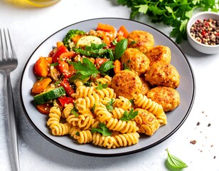 Healthy meal featuring pasta, vegetables, and meatballs