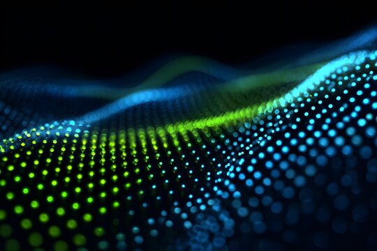 Abstract digital background with blue and green dots on a black canvas, creating wavy lines that form the shape of an abstract wave. 