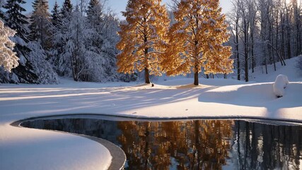 AI-generated snowy forest scene with glowing golden trees and a pond reflecting the warm sunlight - Powered by Adobe