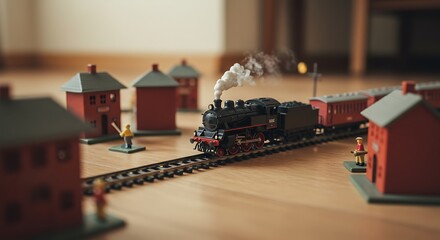 Obraz premium Miniature toy train set and red toy buildings, sitting on a simple wood flooring, faint light in the background, warm yellow tones