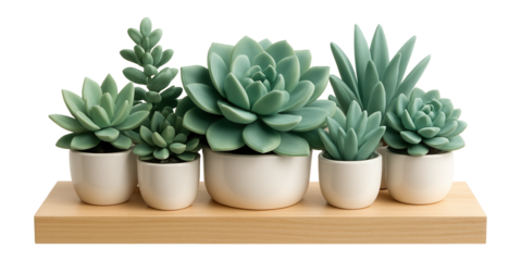 Cluster of faux succulents on a wooden shelf for a coworking space lounge area