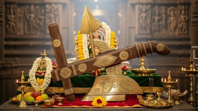 Varaha Jayanti  Hartalika Teej  Ganesh Chaturthi  Samvatsari  and Balarama Jayanti Ornate Ceremonial Implements in a Temple Setting