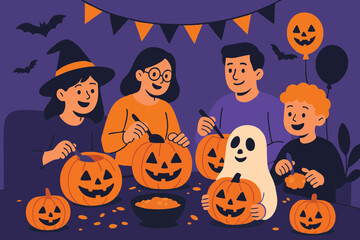 Fototapeta premium Flat vector illustration of family and kids carving pumpkins for Halloween decoration. 