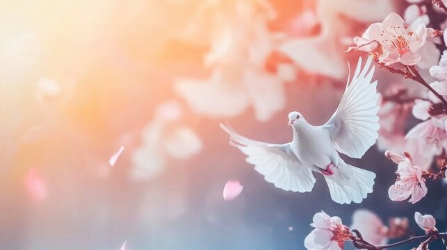 White dove in flight among cherry blossoms during spring afternoon
