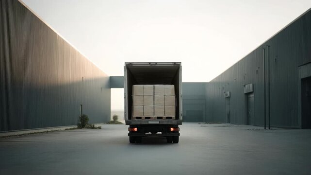 A delivery truck backs into a loading dock, industrial setting hinting at early morning operations, logistical efficiency conveyed through sparse surroundings