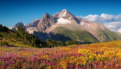 Obraz premium majestic mountain peak surrounded by colorful clouds and mystical atmosphere