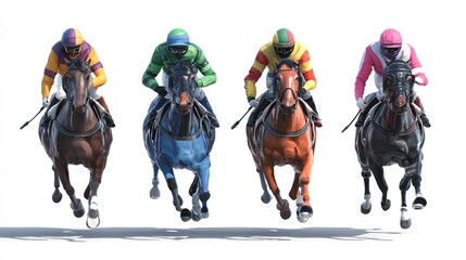 Fototapeta premium Four jockeys in colorful silks riding powerful racehorses at a full gallop