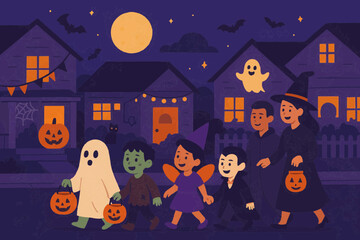  Flat vector illustration of children celebrating Halloween night with ghosts, costumes, and pumpkins.