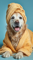 Golden Retriever dog wearing a robe and towel after bath
