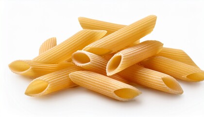 pieces of uncooked penne pasta isolated white background