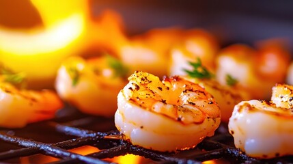 Grilling shrimp over open flames at a summer barbecue event by the beach