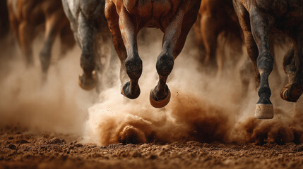Close-up of galloping horse hooves kicking up dust during a race