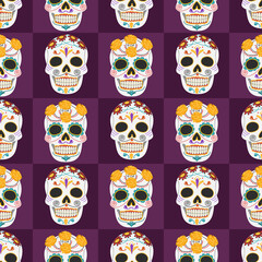 Seamless pattern of festive skulls decorated with flowers and drawings. Day of the Dead. Dia de Muertos. Catrina, the garbancera skull, the festive skeleton. 