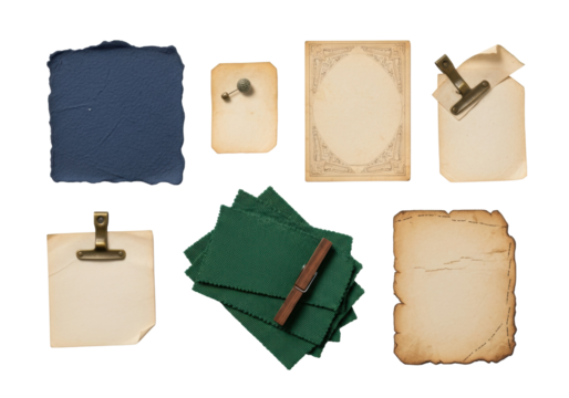 A flat lay of aged paper fragments, indigo scrap, cream parchment, textile swatches, pins, and clasps on white with copy space, concept of historical nostalgia
