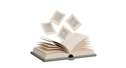 Isolated Open Book with Flying Pages 3D Render