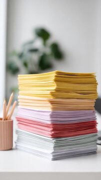 Stack of colorful paper on a desk, evokes creativity and organization, ideal for spring-themed projects or office stationery concepts
