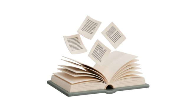 Isolated Open Book with Flying Pages 3D Render