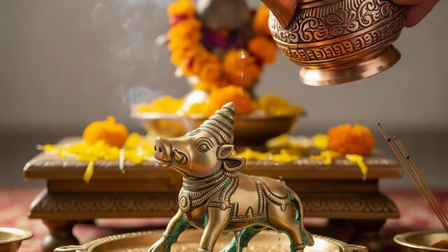 Varaha Jayanti  Hartalika Teej  Ganesh Chaturthi  Samvatsari Balarama Jayanti Sacred Hindu Ritual of Abhishekam Ceremony with Brass Nandi Statue